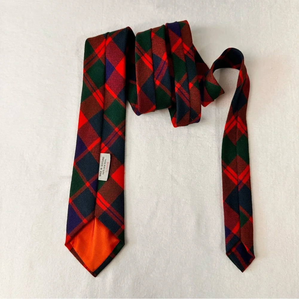Vintage Scotland Glasgow Man's Tie Handmade Wool Red Multicolor Necktie Plaid